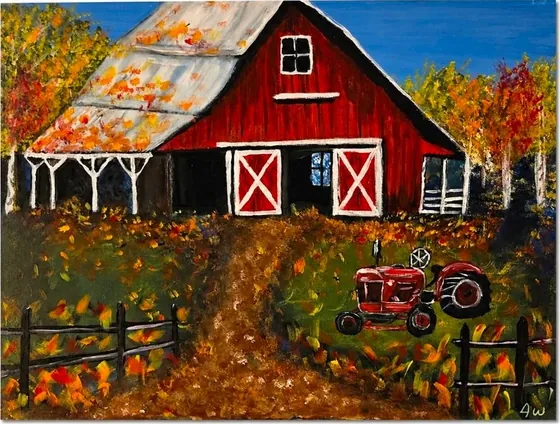 Autumn at the Red Barn — Original Acrylic on Canvas