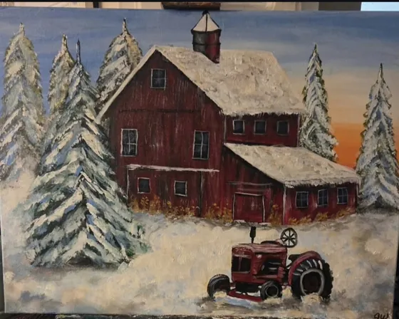 Crimson Winter Homestead — Original Acrylic on Canvas