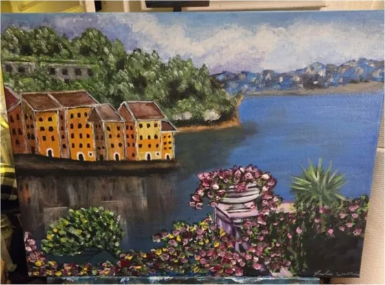 Lakeside Bloom (Cliffside Village) — Original Acrylic on Canvas