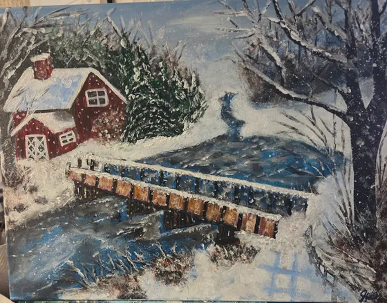 Snowfall at the Old Bridge — Original Acrylic on Canvas