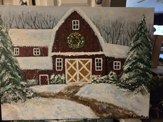 Winter's Welcome (Barn) — Original Acrylic on Canvas